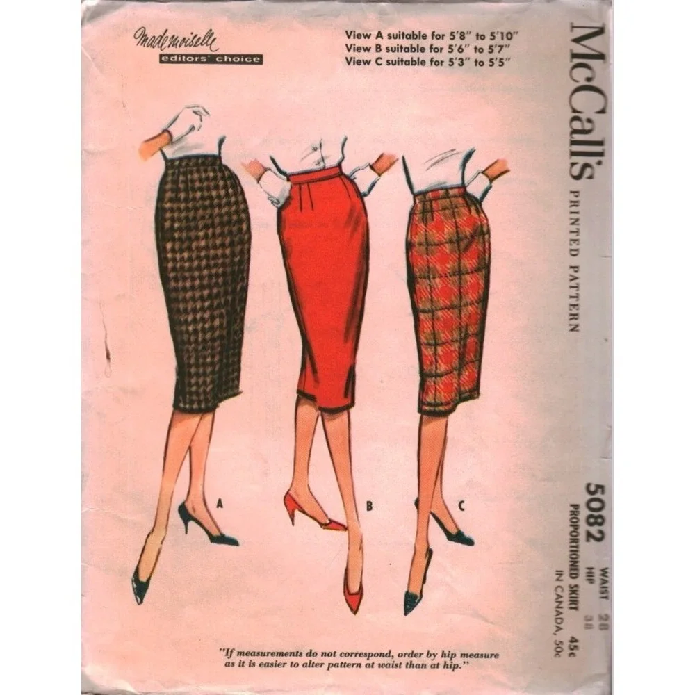 Vintage 1959 McCalls 5082 Proportioned Slim Skirt Sewing Pattern Waist 28 Hip 38